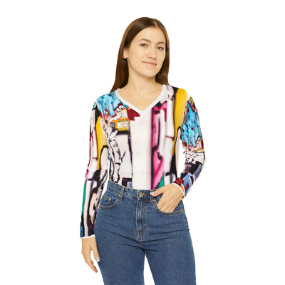 scape

"Clad in Urban Shimmers: A Glittering City Women's Long Sleeve V-neck Shirt