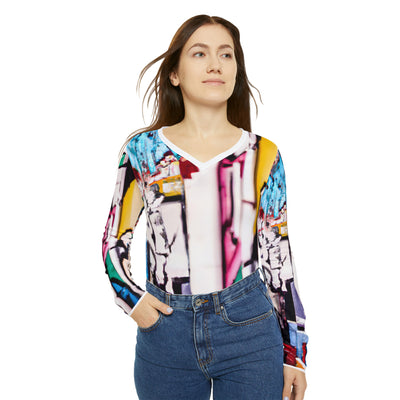 scape

"Clad in Urban Shimmers: A Glittering City Women's Long Sleeve V-neck Shirt